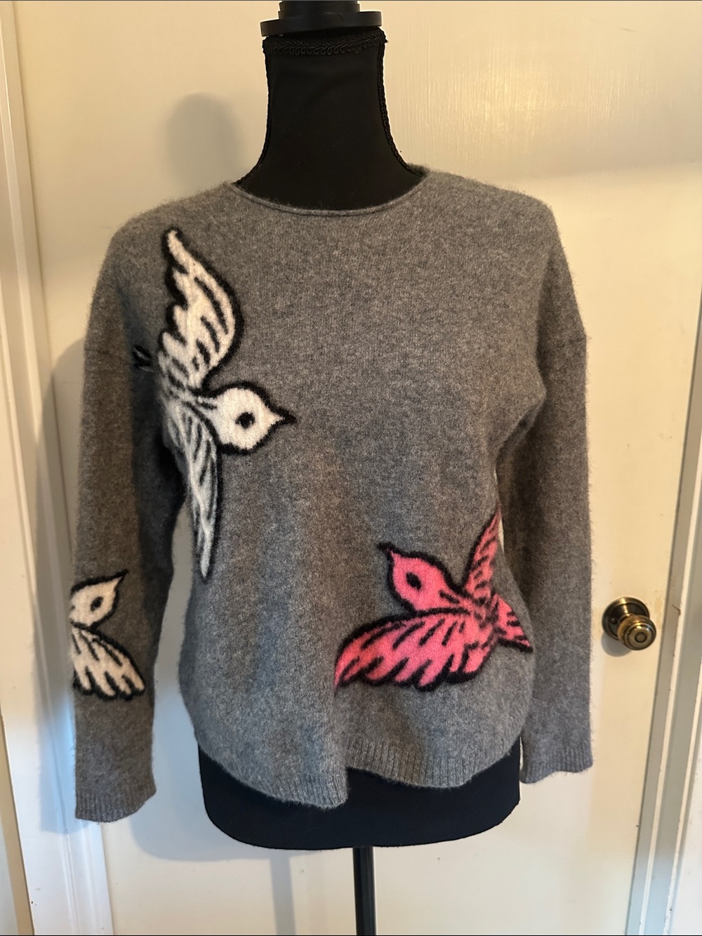 Maeve Gray Crewneck Sweater with Pink & White Bird Motifs